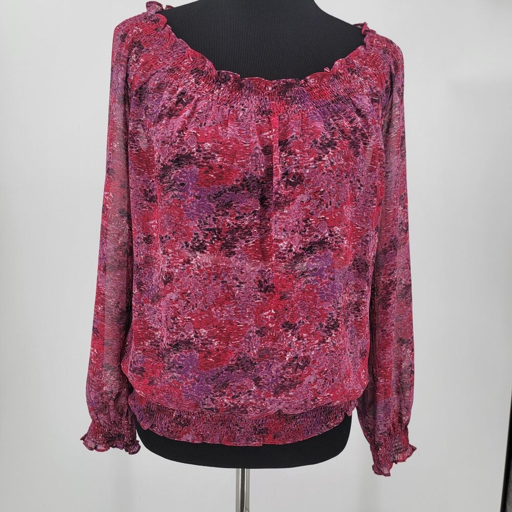 Ann Taylor Loft Womens Mp Burgundy Long Sleeve Ruffle Trim Sheer Blouse